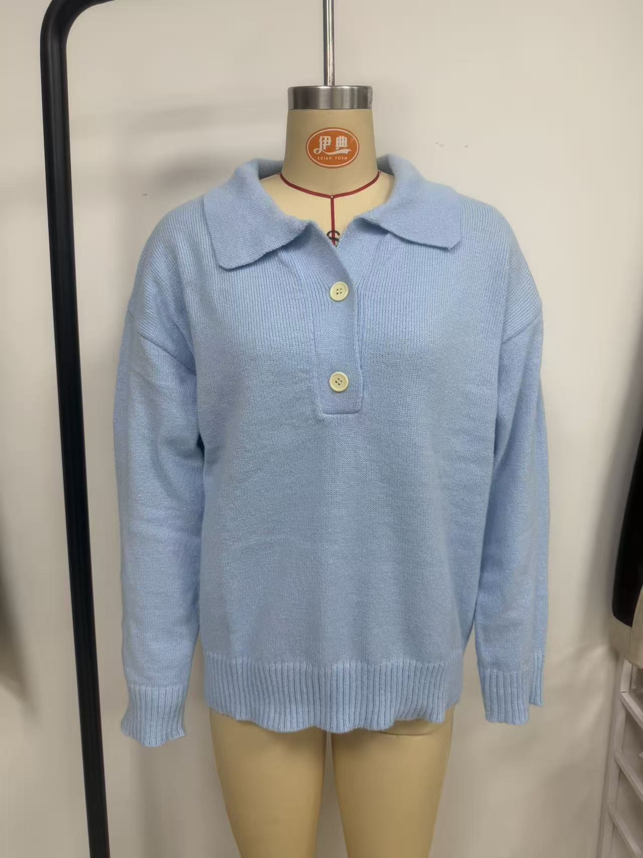 Women's Knit Sweater with Collar and Button Half-Placket Loose Casual