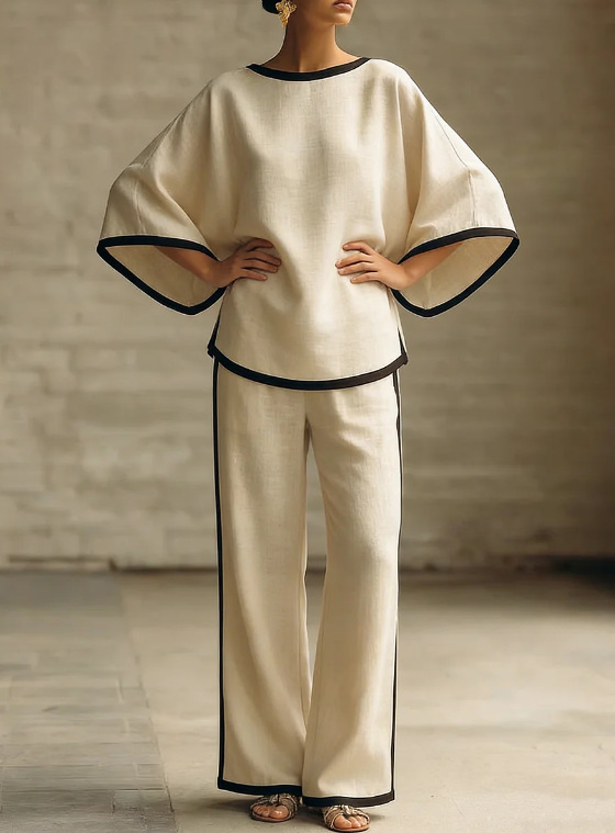 Women's Elegant Round Neck Batwing Sleeve Cotton-Linen Two-Piece Set