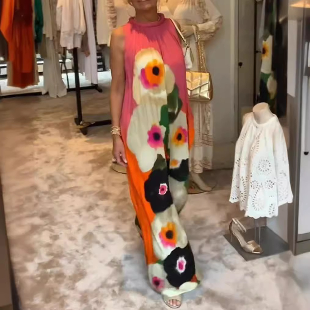 Colorful Floral Print Sleeveless Round Neck Maxi Dress
