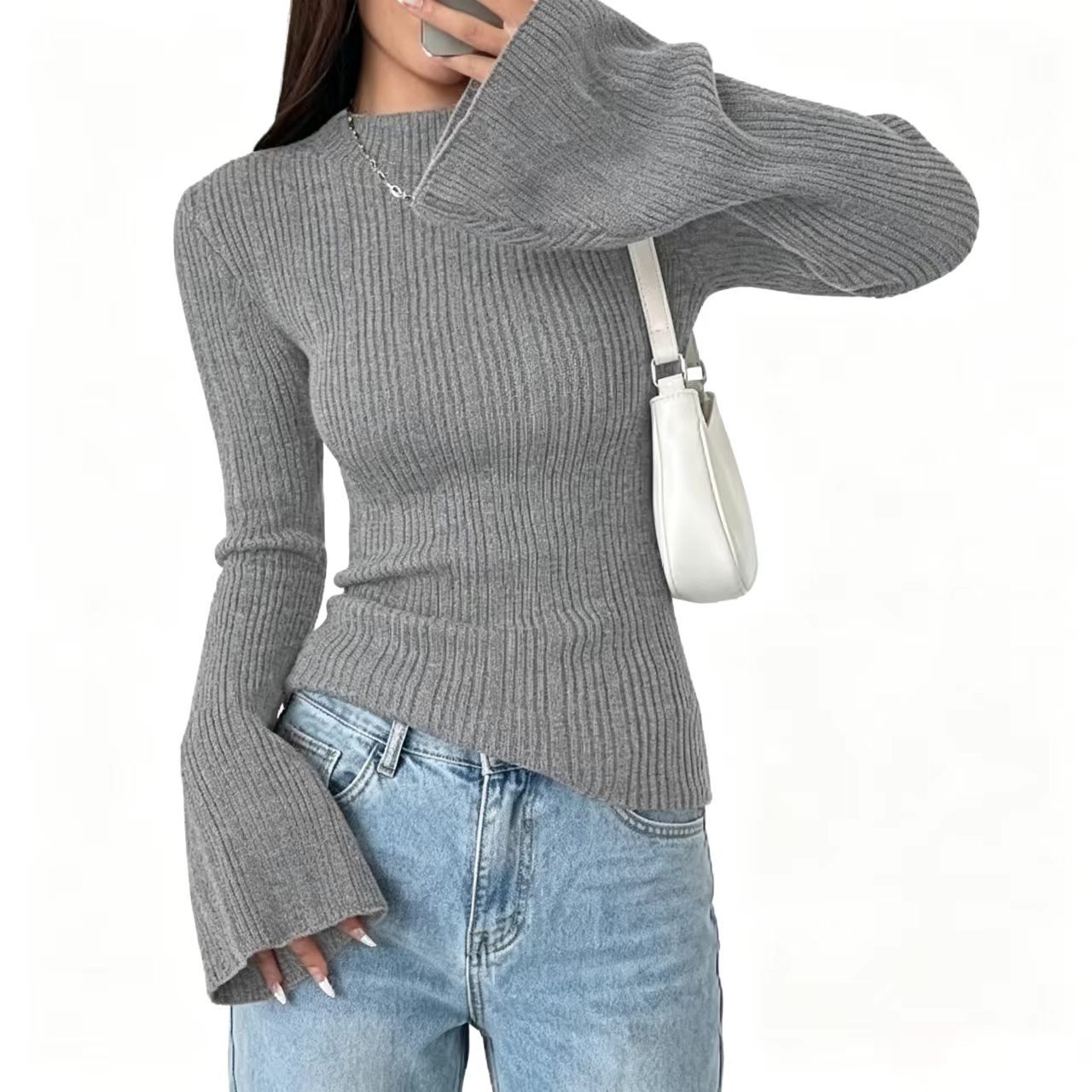 Half Turtleneck Ribbed Flare-Sleeve Knit Top Women Slim Fit Long Sleeve