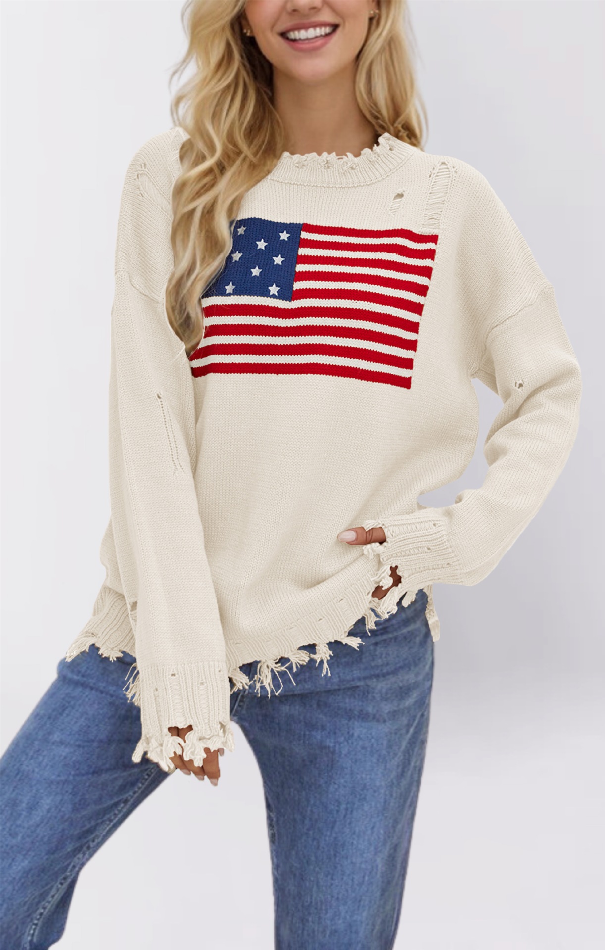 Women's Flag Pattern Crewneck Pullover Sweater