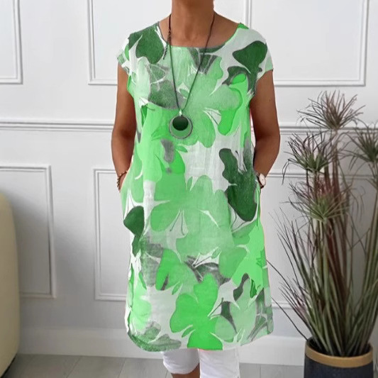 Floral Print Round Neck Loose Dress with Pockets