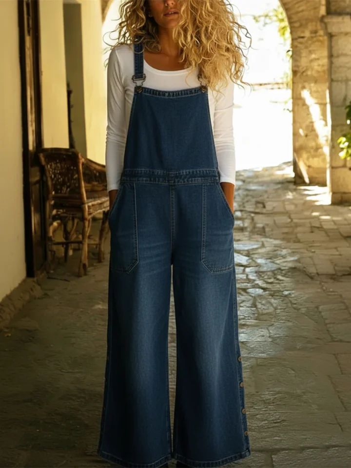 Faux Denim Print Sleeveless Wide-Leg Jumpsuit with Pockets