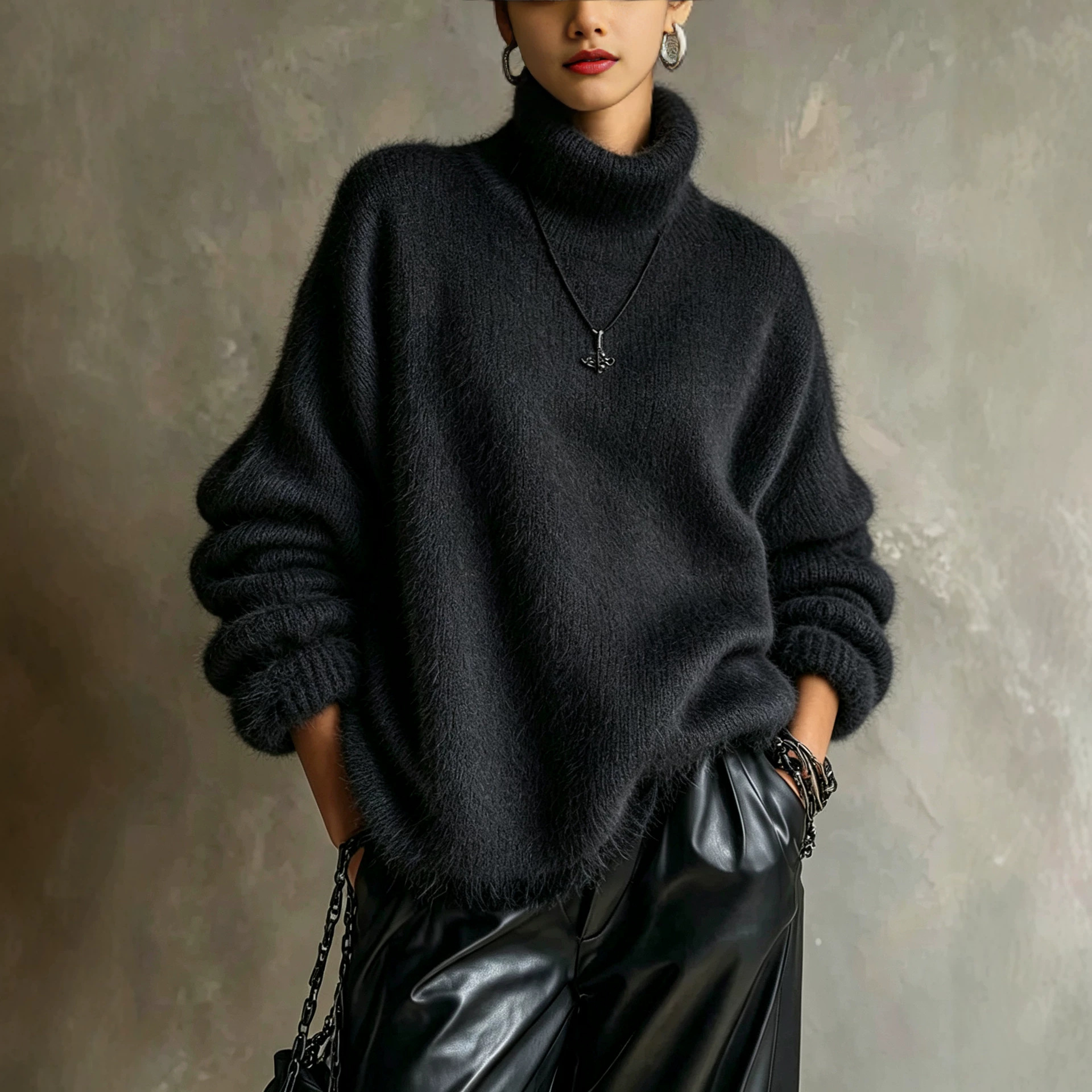 Women's Oversized Fuzzy High-Neck Knit Sweater