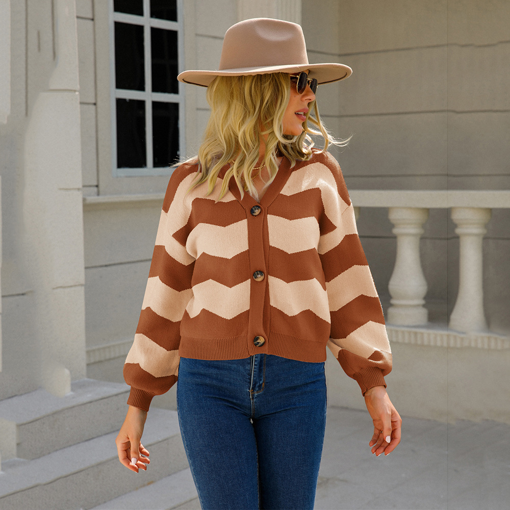V-Neck Cropped Knit Cardigan with Spliced Design