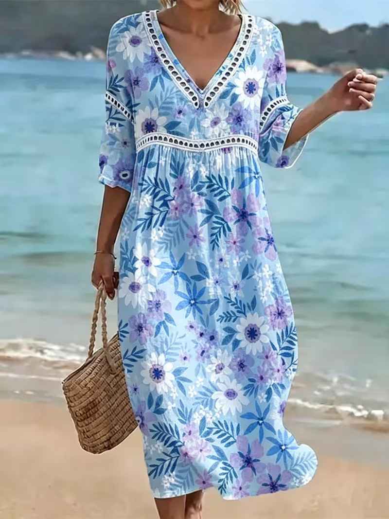 Women's Floral Print Pleated Midi Dress Deep V-Neck Five-Sleeve Slim Fit