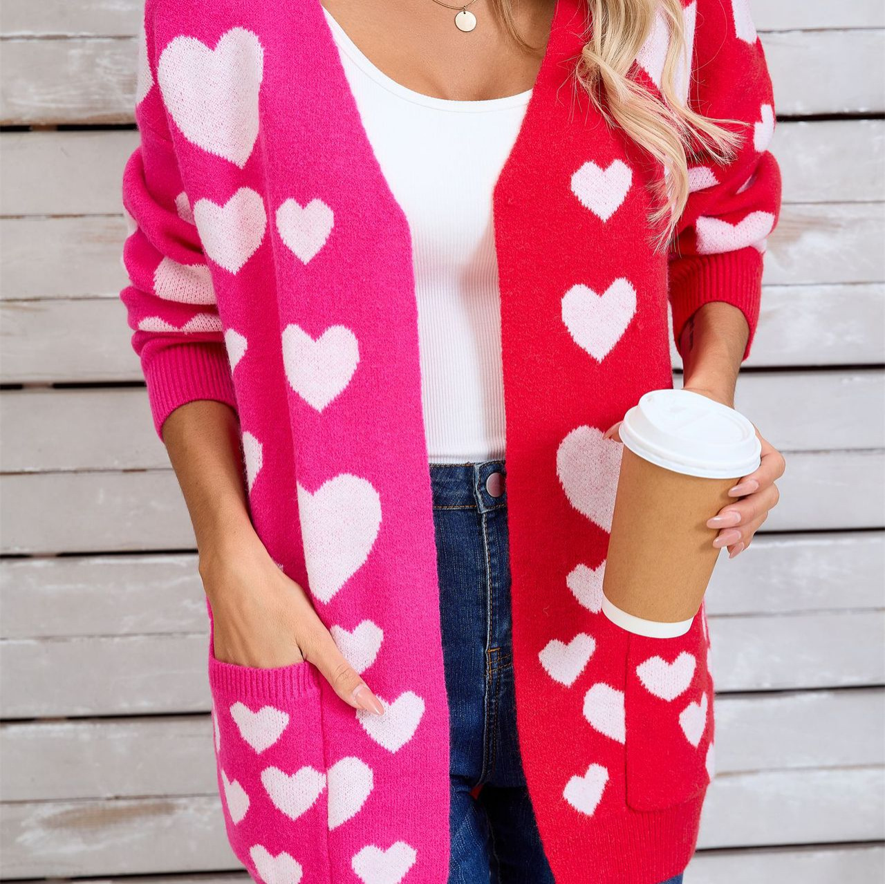 Colorblock Heart Knit Long Cardigan with Pockets