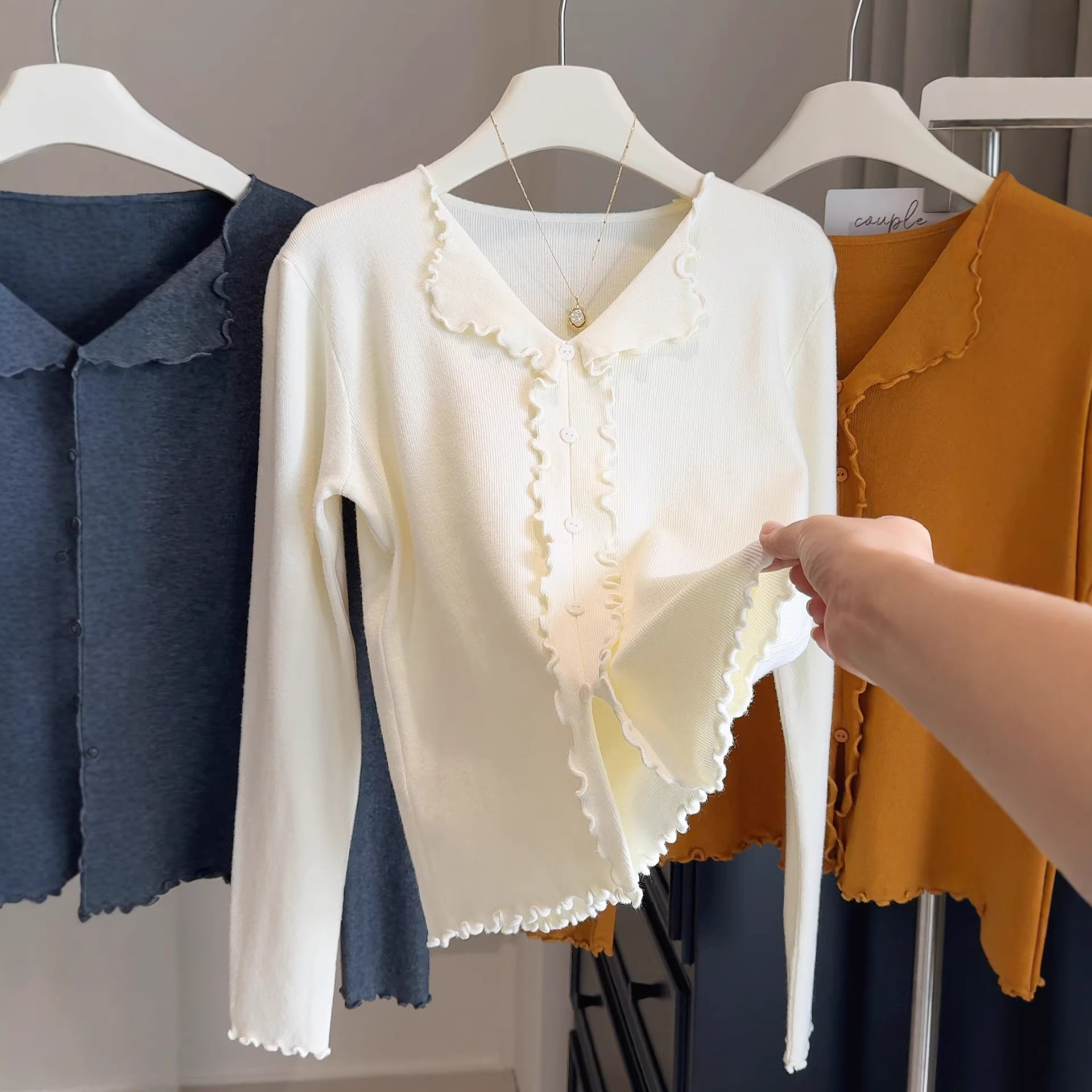 Slimming Knit Lace Cardigan with Doll Collar Long Sleeve