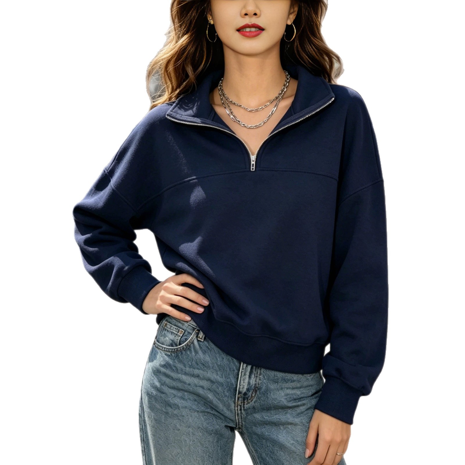 Fleece-Lined Half-Zip Solid Color Loose Fit Collared Sweatshirt for Women
