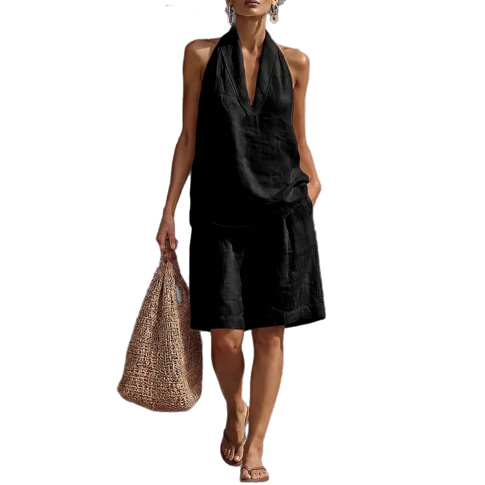 Women's Halter V-Neck Sleeveless Top and Shorts Set Casual Two-Piece Outfit