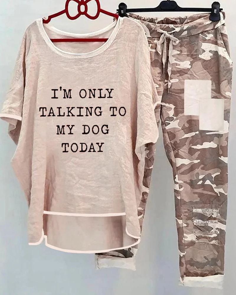 Women's Casual Printed Short-Sleeve Top and Camo Pants Set