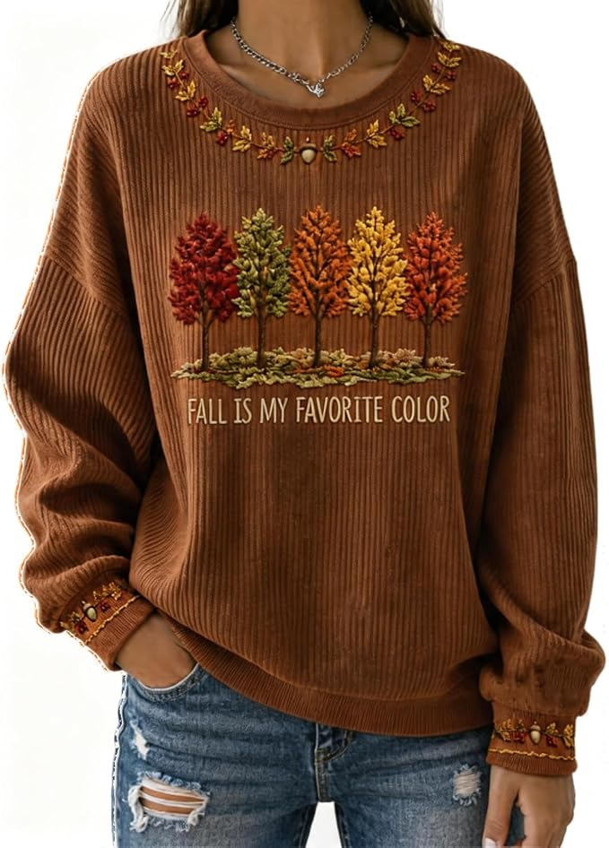 Women's Tree & Maple Leaf Print Crewneck Sweatshirt Casual Pullover