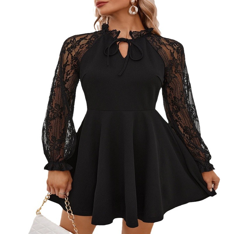 Elegant Solid Color French Colorblock Lace-Up Long Sleeve Dress