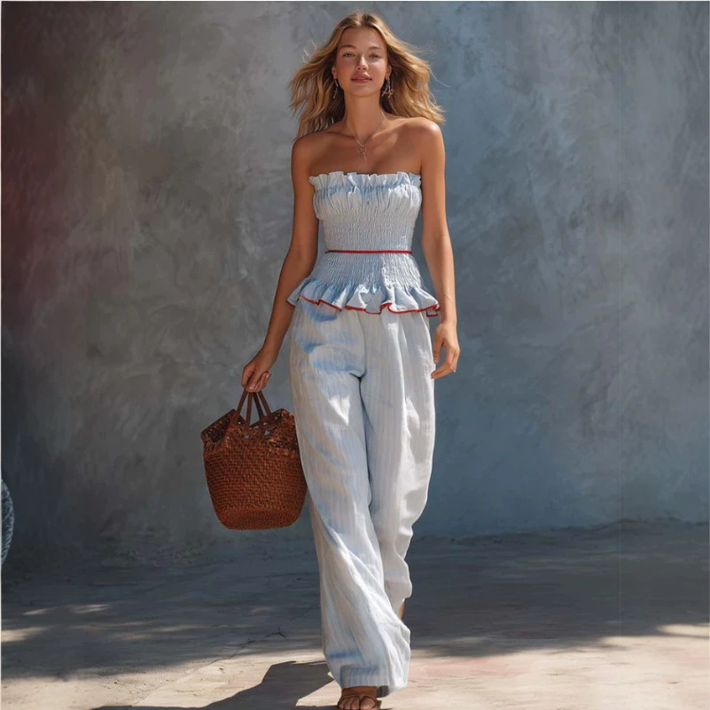 Light Blue Striped Tube Top and Pants Set