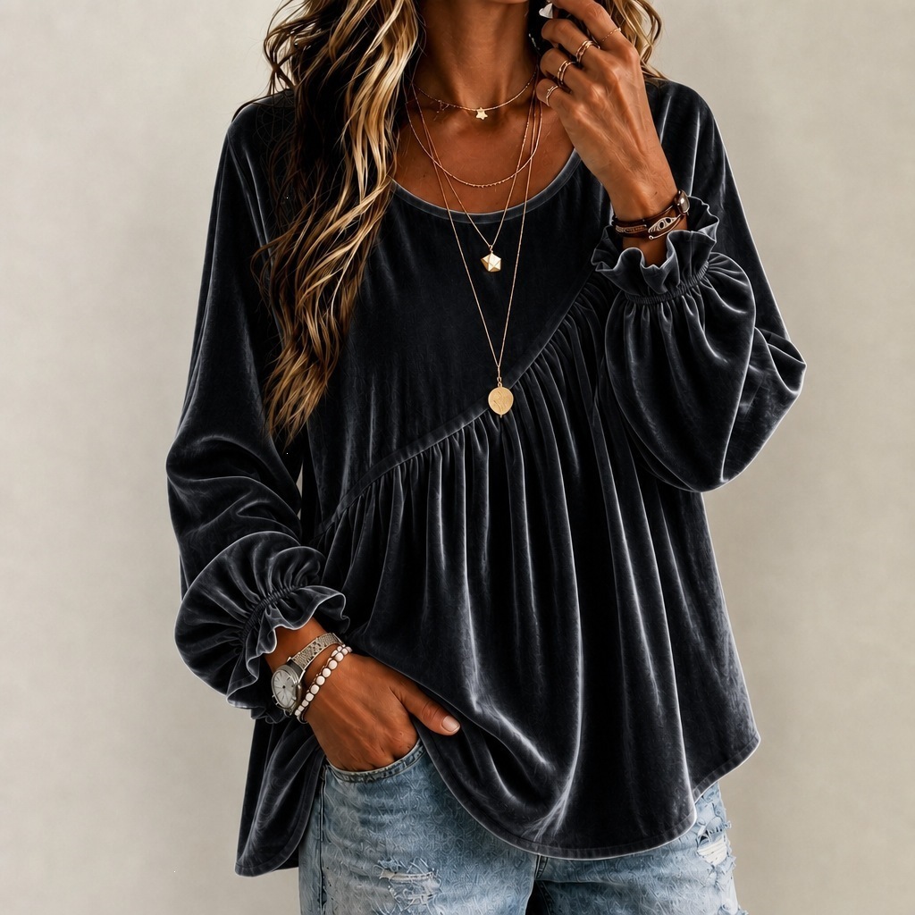 Women's Solid Velvet Round Neck Long Sleeve Loose Irregular Pleated Top