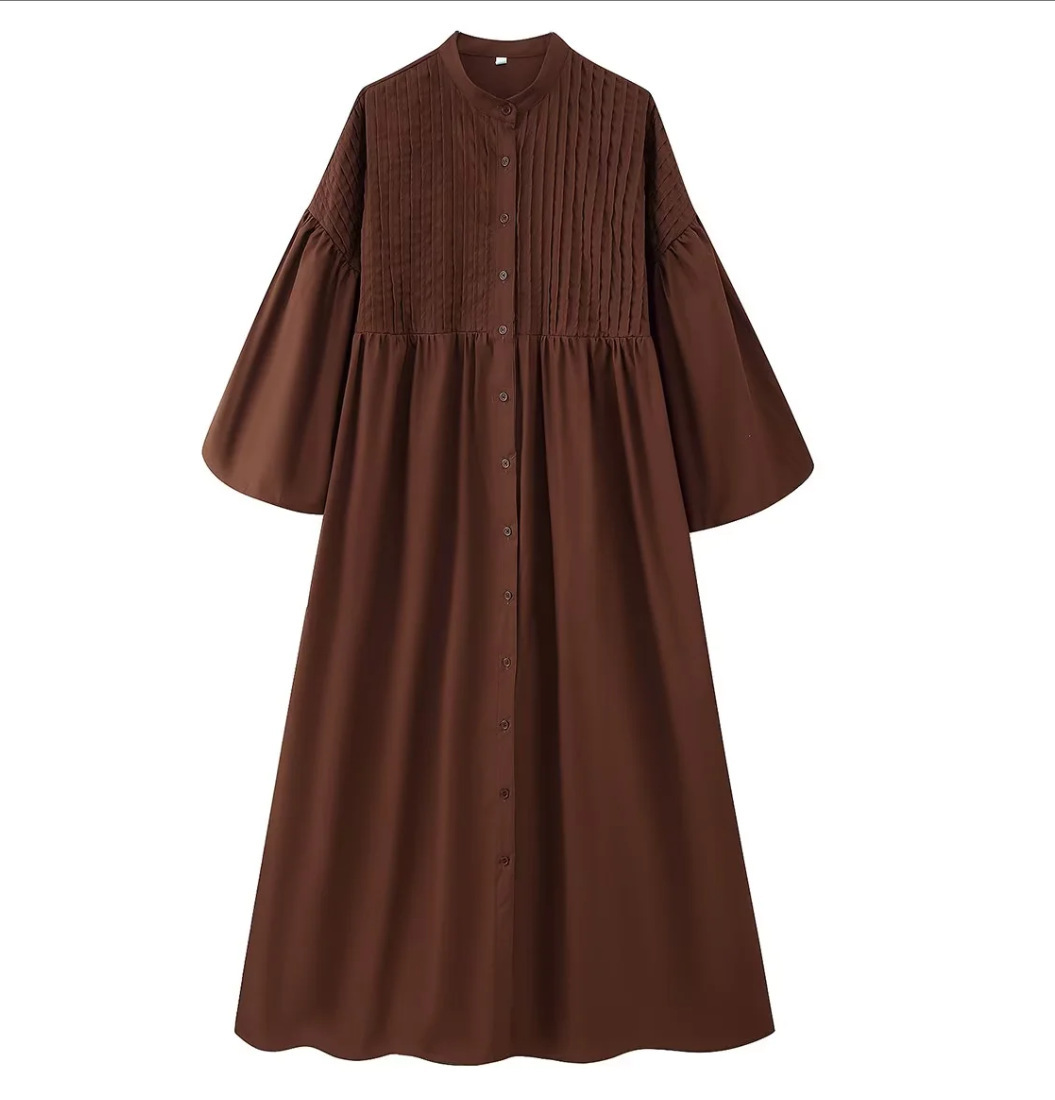 Women's Three-Color Round-Neck Button-Front Puff-Sleeve Textured Dress