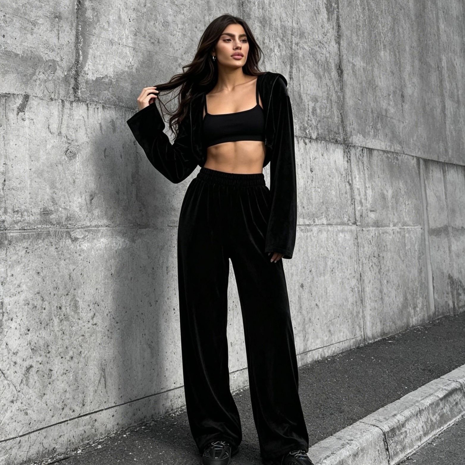 Velvet Hooded Two-Piece Set Women's Cropped Cardigan & High-Waist Wide-Leg Pants