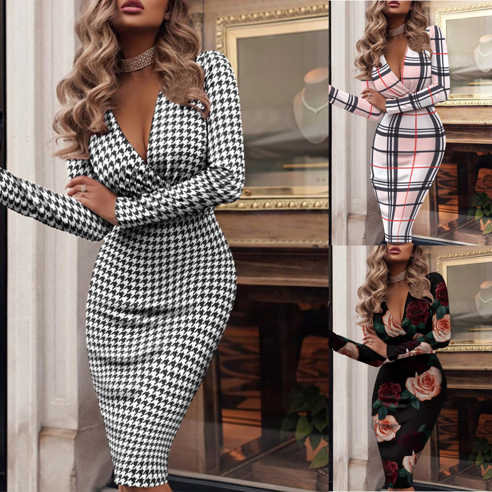 Women's Long Sleeve V-Neck Bodycon Floral Print Dress