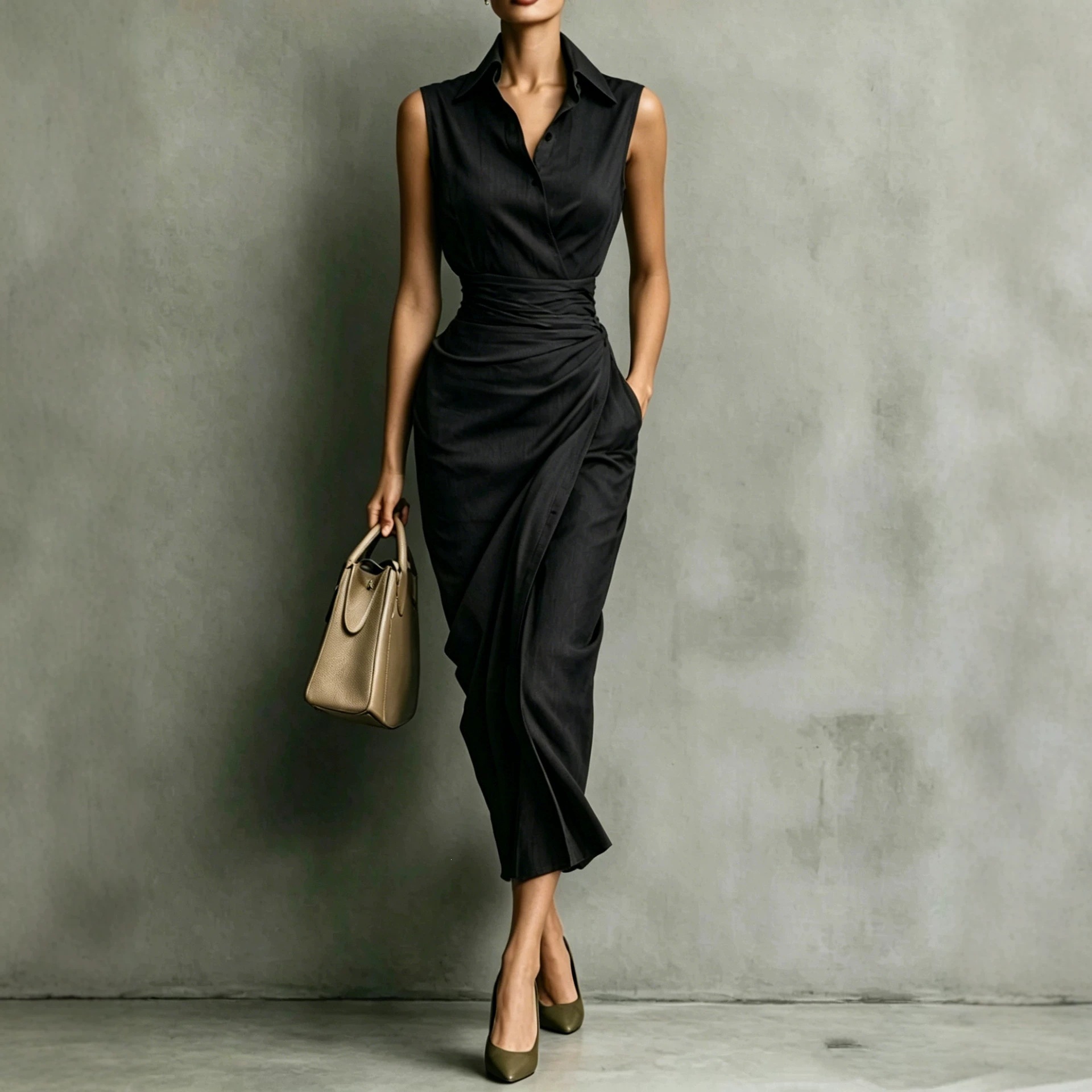 Sleeveless Asymmetric Shirt Dress Slim Fit Cotton Linen Blend