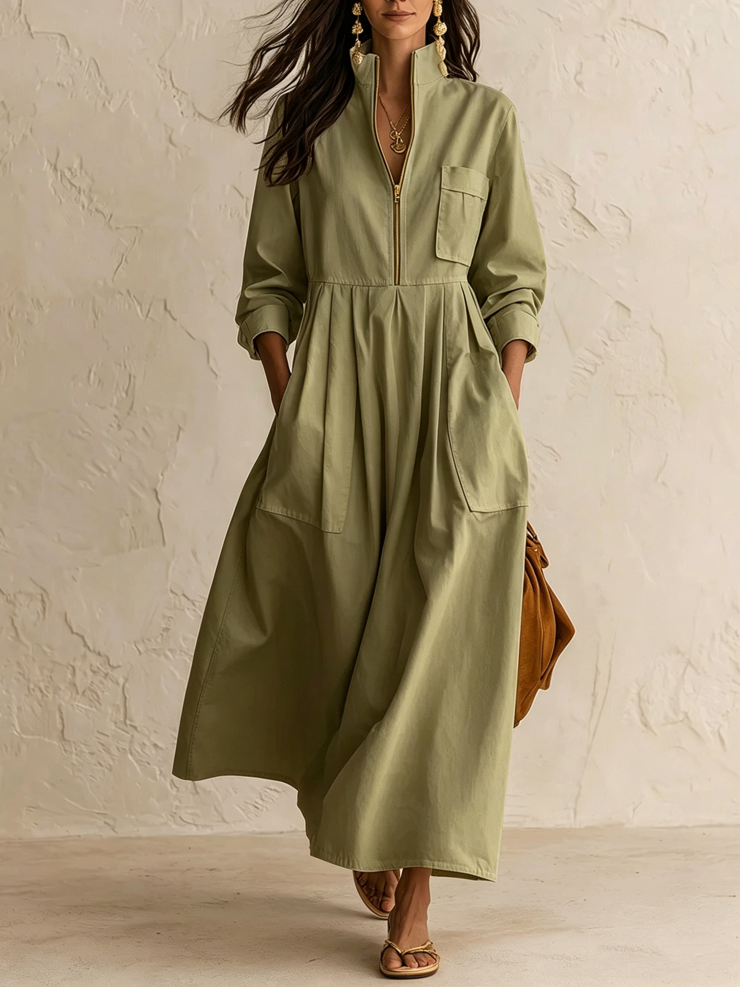 Gold Half-Zip Stand Collar Dress with Pockets Loose Pleated Maxi Long Sleeve
