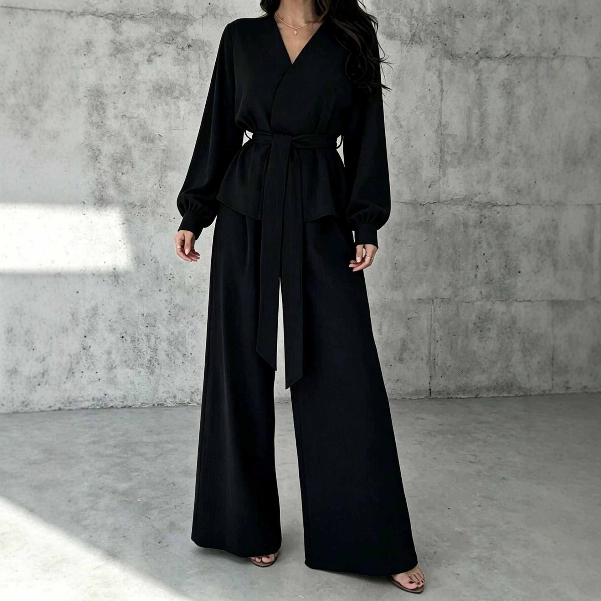 V-Neck Tie-Front Long-Sleeve Wide-Leg Two-Piece Set