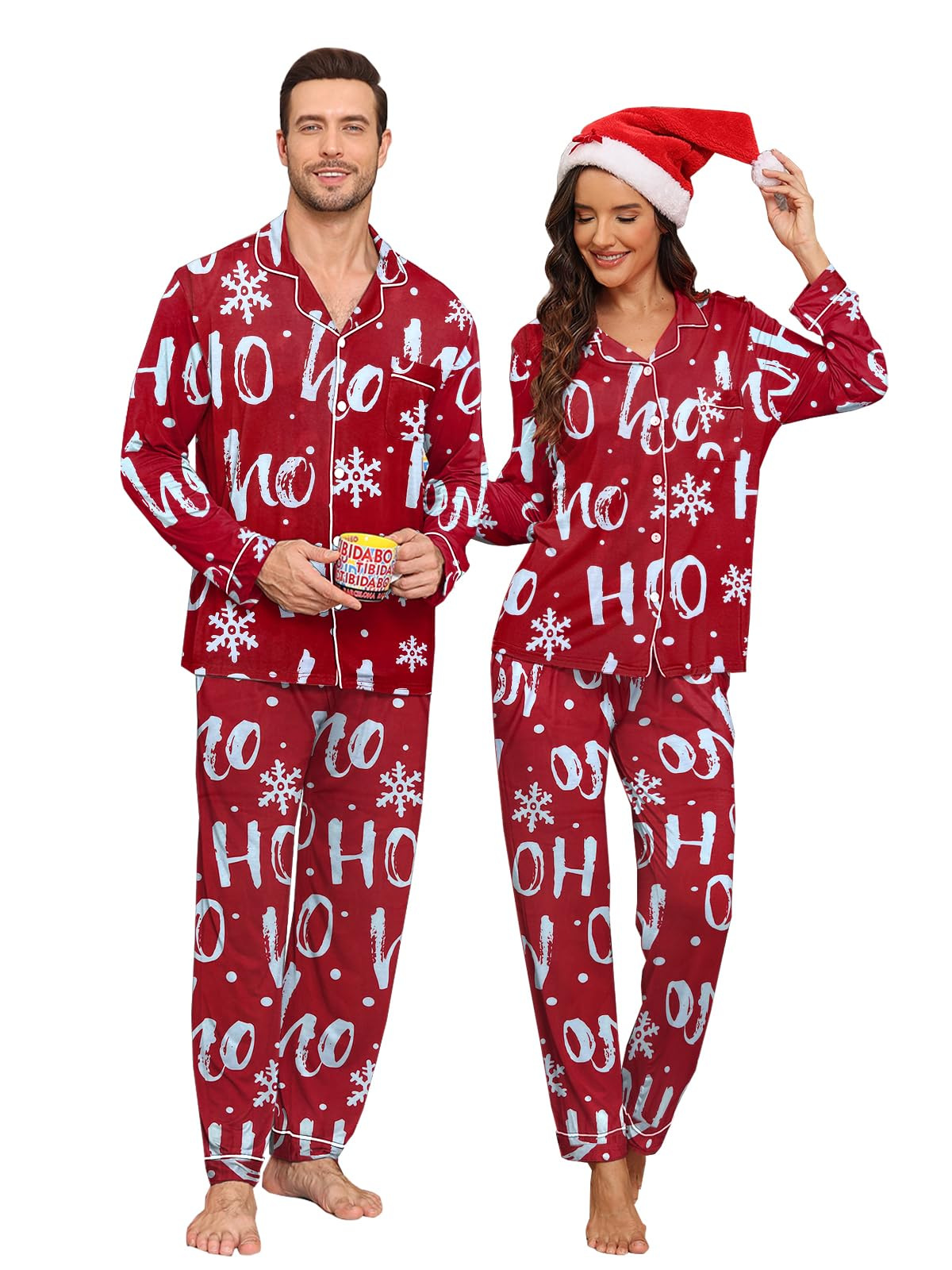 Women's Cuban Collar Christmas Print Long Sleeve Shirt Set