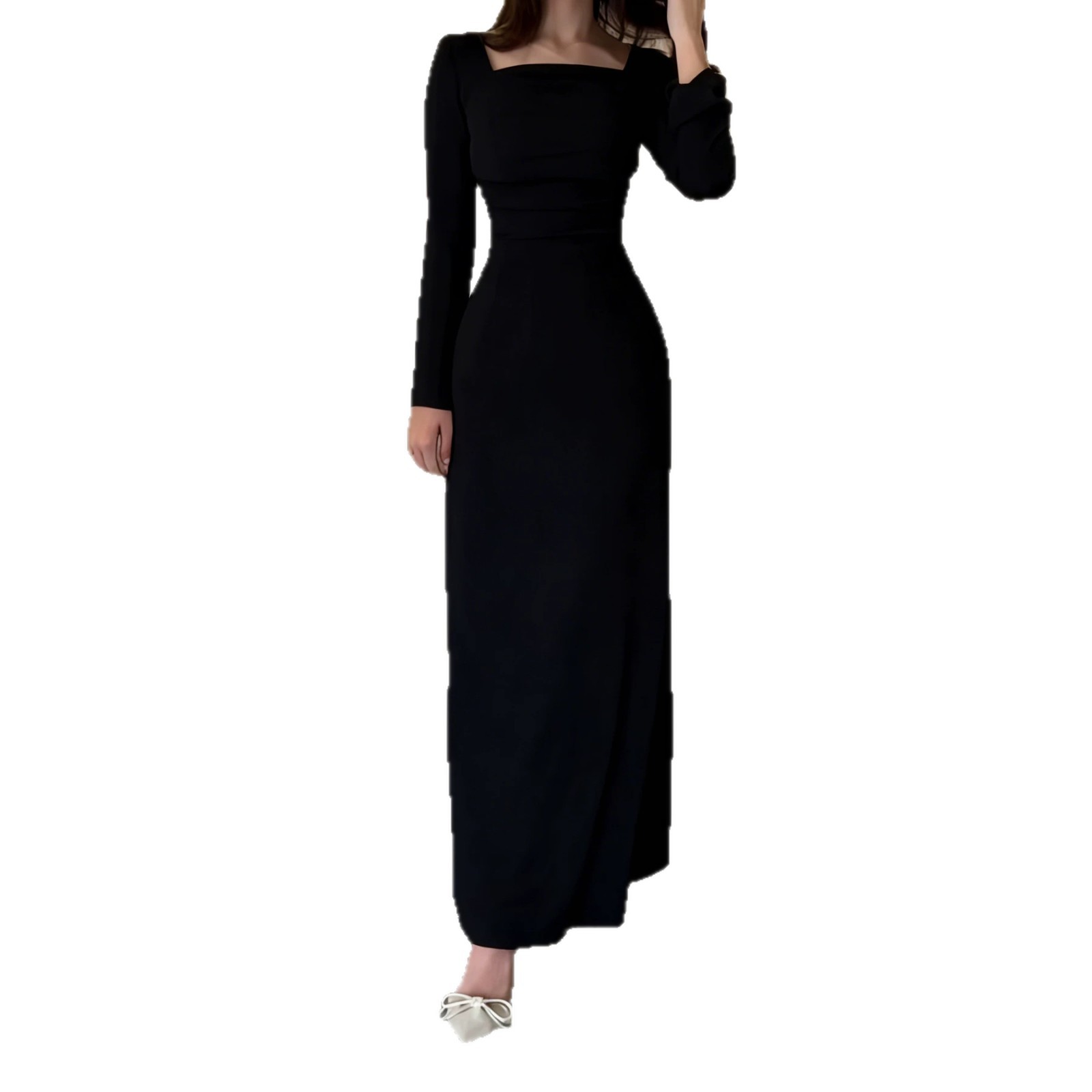 Women's Square Neck Long Sleeve Knit Dress Slim Fit Long Dress
