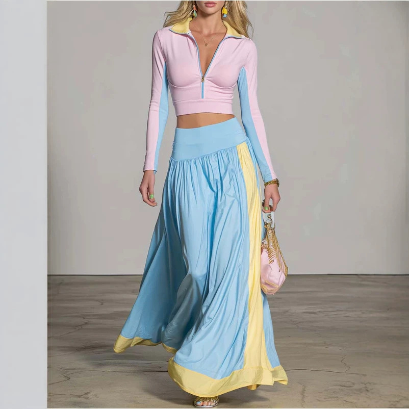 Women's Color-Block Long Sleeve Long Skirt Set Casual Two-Piece