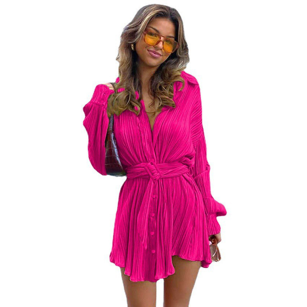 Women's Shirt Collar Tie-Waist Pleated Long Sleeve Dress