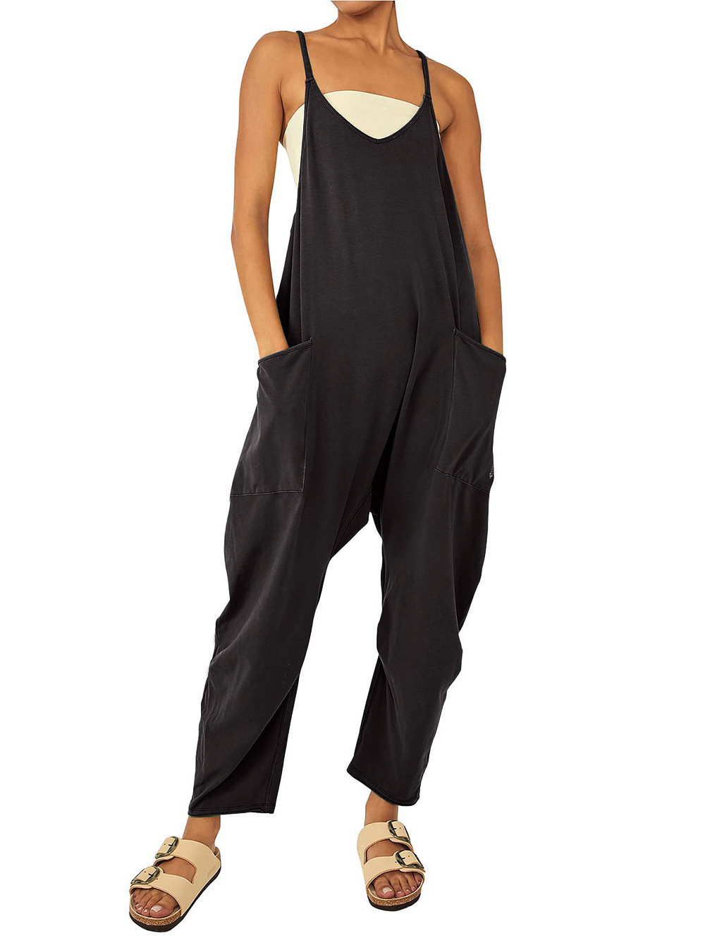 Women's Sleeveless Zip Pocket Jumpsuit with Spaghetti Straps