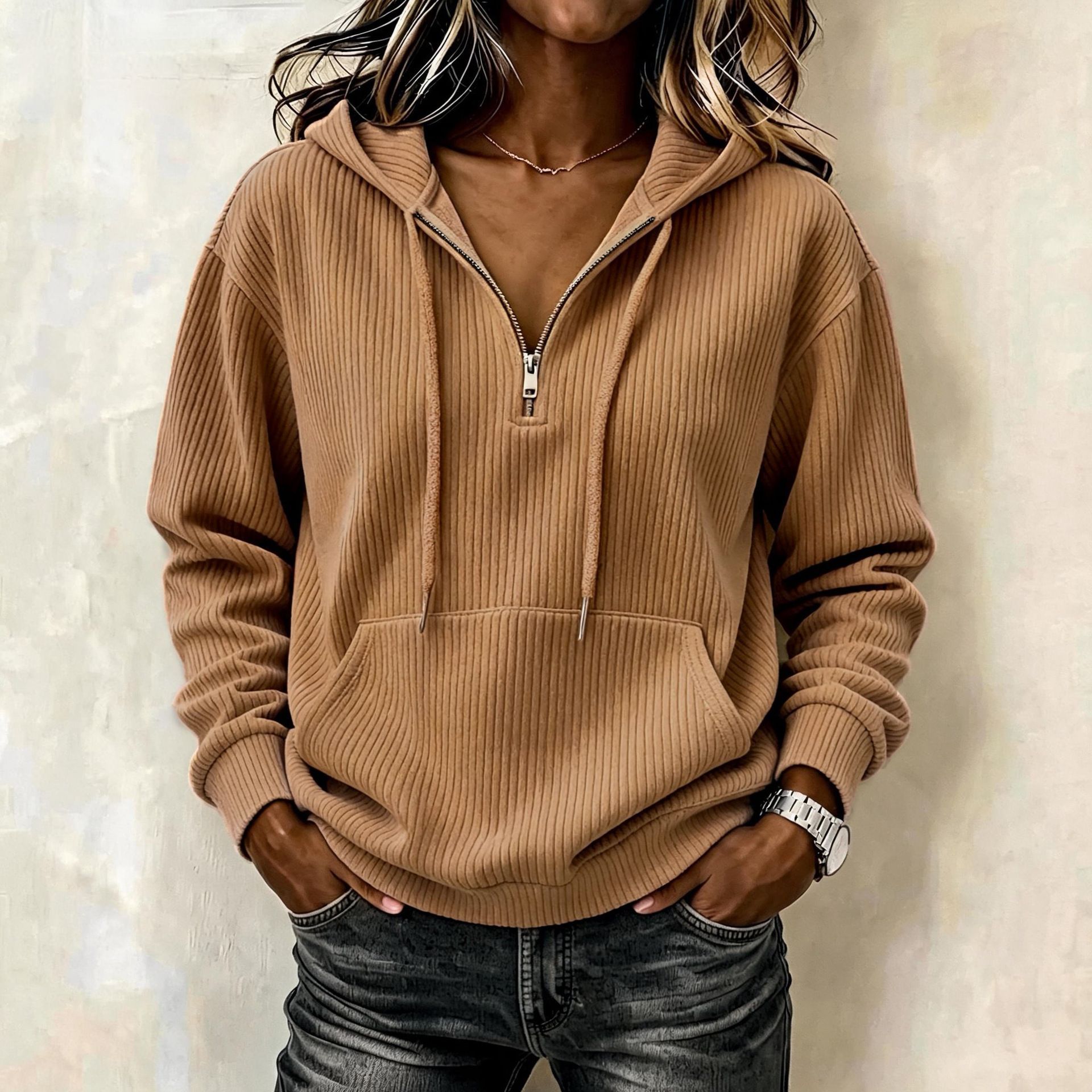 Corduroy Striped Drawstring Hoodie Loose Fit Women's