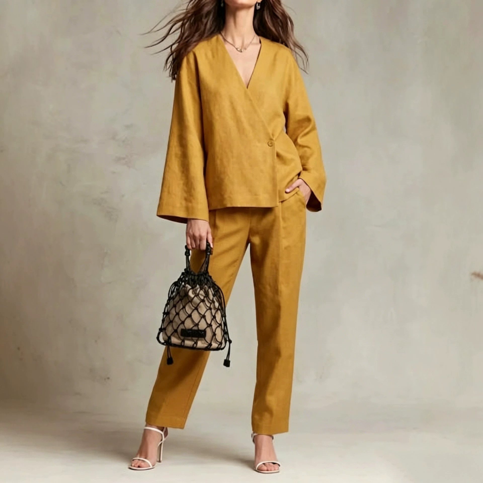 Women's Linen-Blend Button-Front Cardigan and Wide-Leg Pants Set