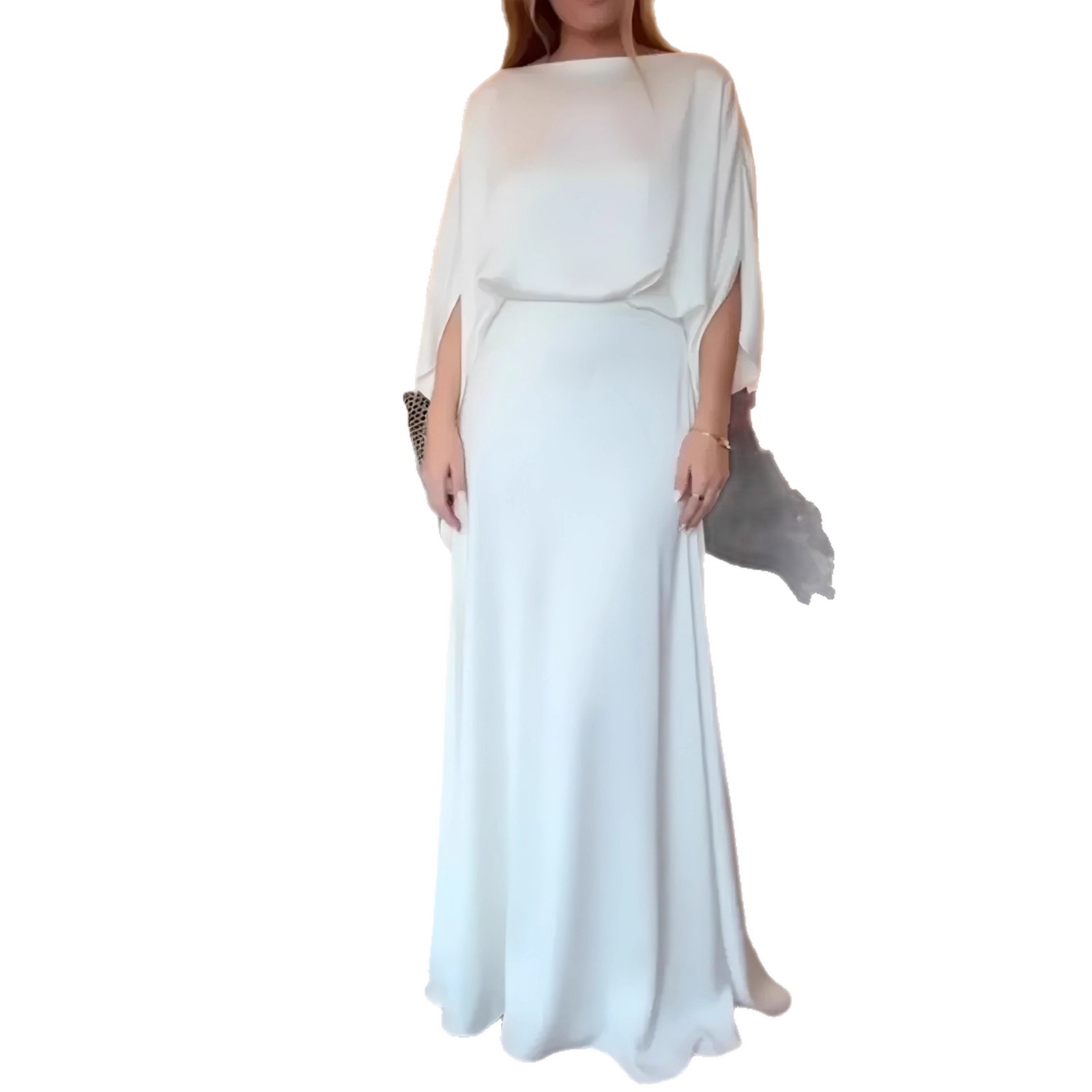 Women's Satin Bodycon Long Dress with Off-Shoulder Neckline and Flutter Sleeves