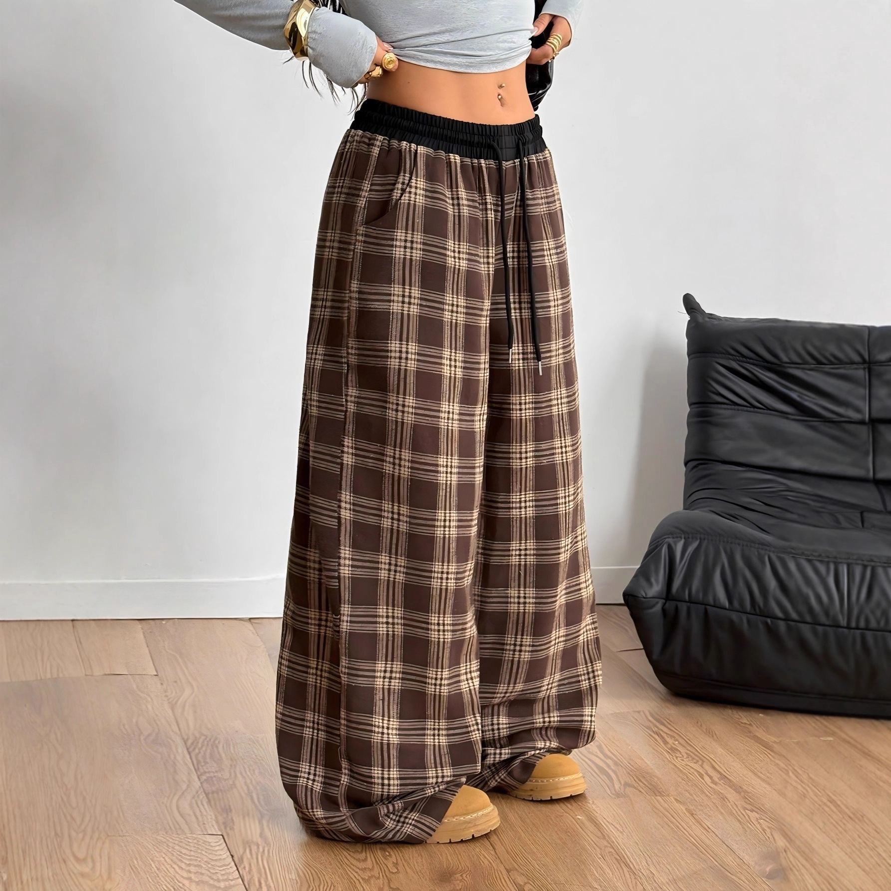 Retro Plaid Drawstring Wide-Leg Pants