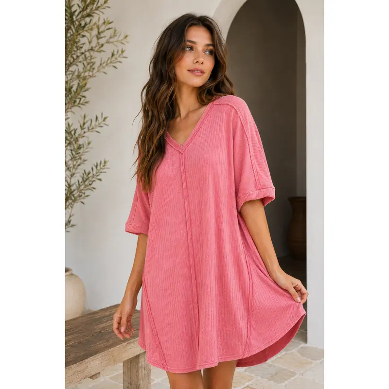 Ribbed V-Neck Loose Short Sleeve Casual Dress