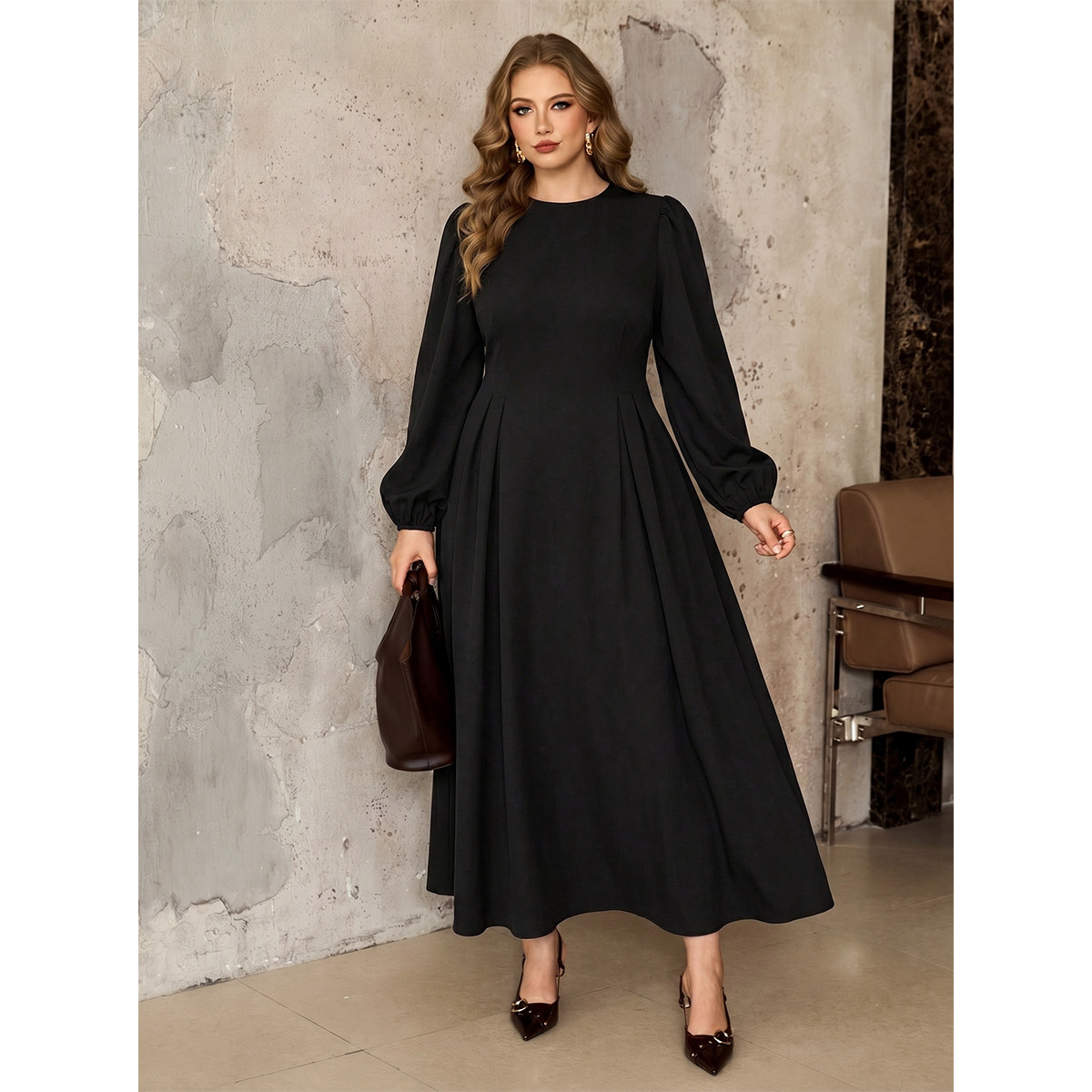 Women's Plus Size Black Long Dress with Lantern Sleeves and Waist Tie