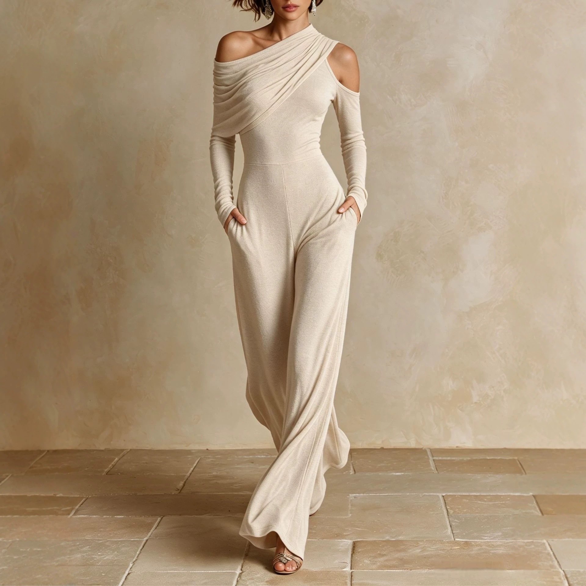 Women's Asymmetric One-Shoulder Pleated Wide-Leg Jumpsuit
