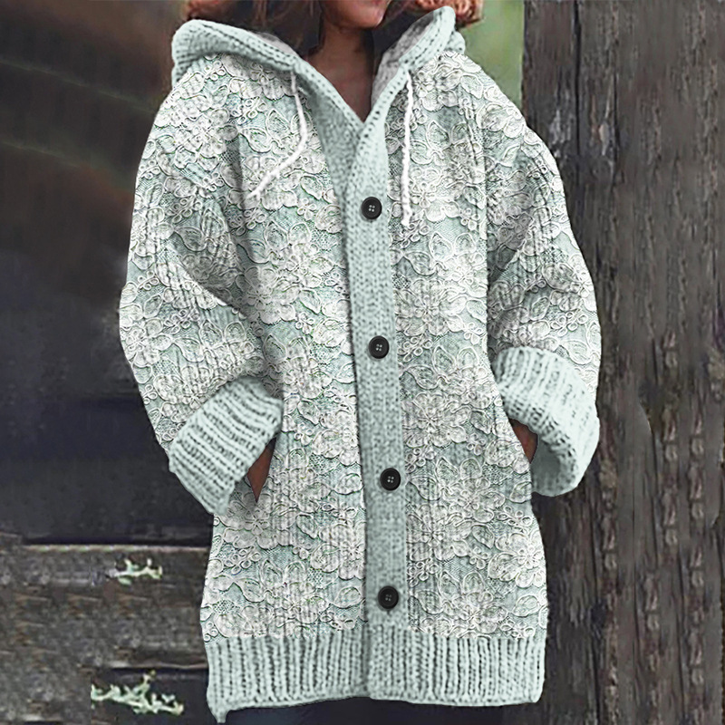 Women's Floral Ghost Print Hooded Button Cardigan Sweater