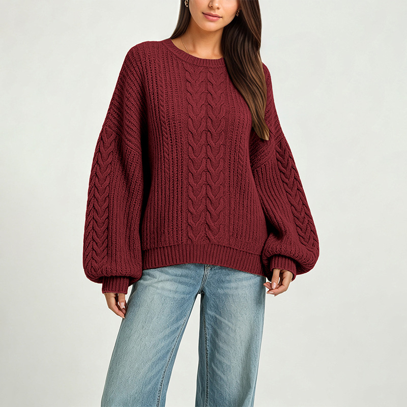 Women's Cable-Knit Crewneck Pullover Sweater Solid Color Loose Fit Long Sleeve