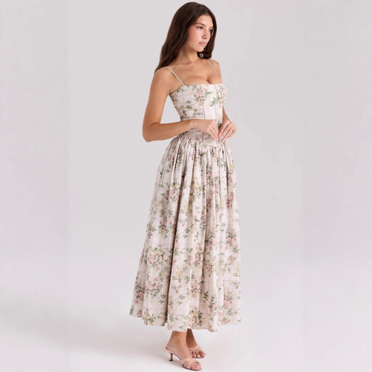 Floral Sleeveless Slip Dress Slimming Elegant Midi Dress for Women
