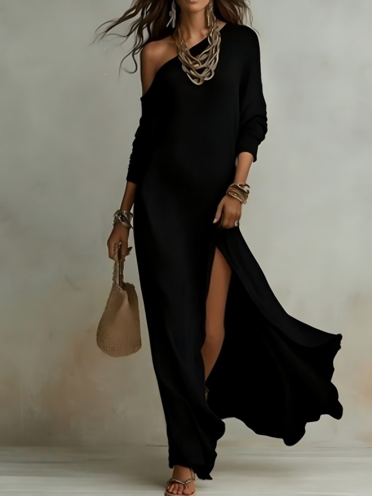 Elegant Long Sleeve Knit Pleated Slit Dress