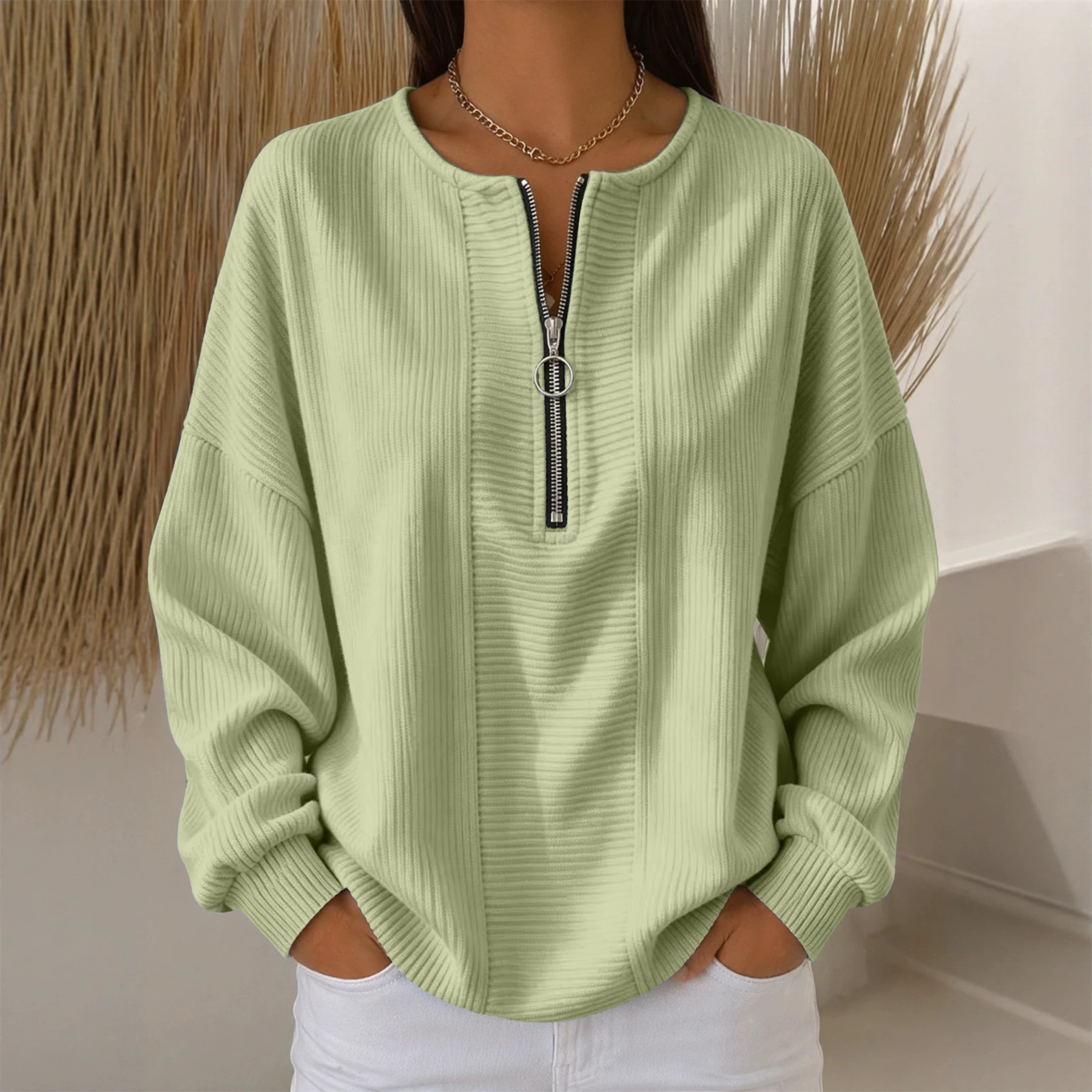 Snake-Textured Half-Zip Crewneck Loose Long-Sleeve Top for Women