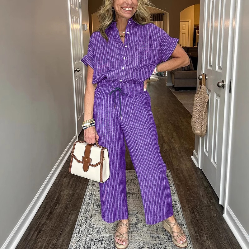 Women's Striped Two-Piece Set with Collared Short Sleeve Top and Straight-Leg Pants