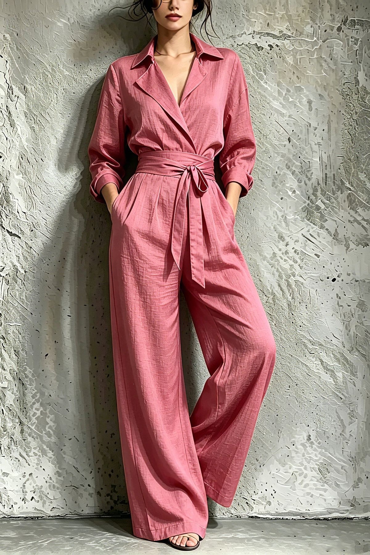 Women's Solid V-Neck Long Sleeve Wide Leg Jumpsuit