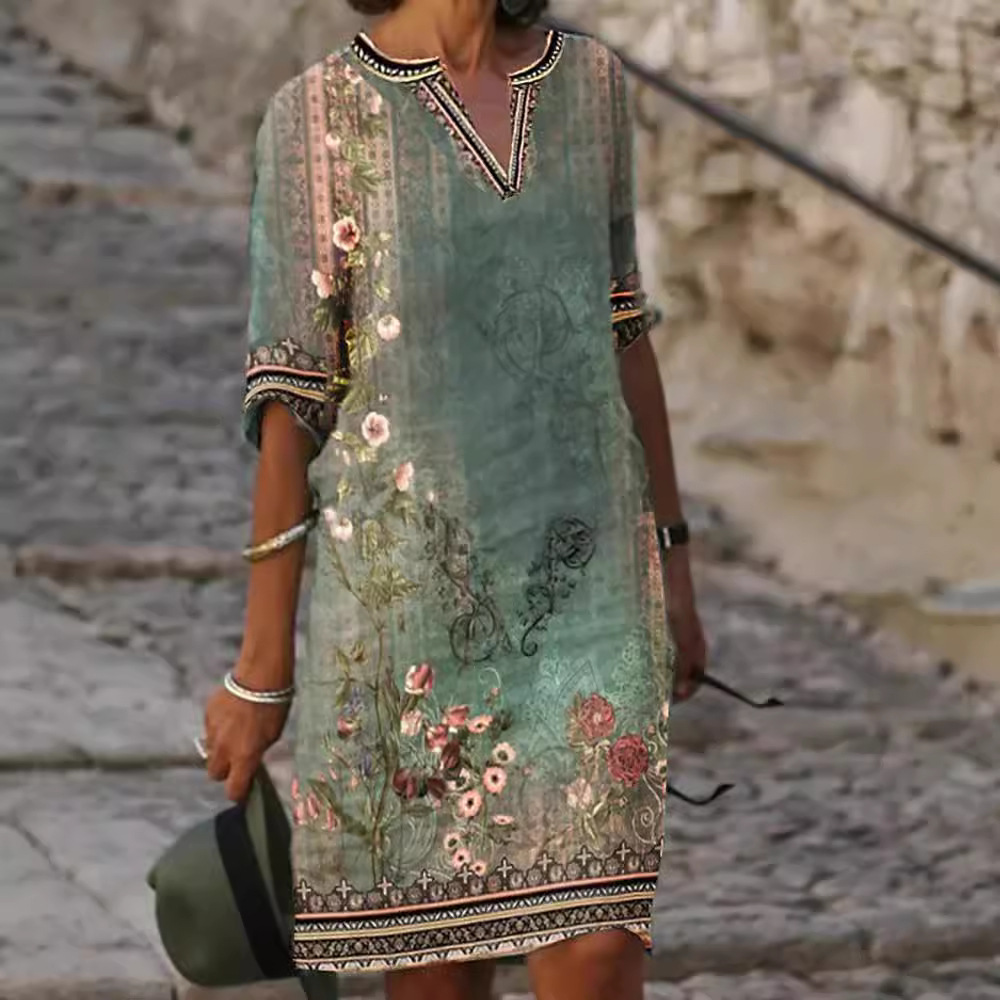 Bohemian Floral Print V-Neck Short Sleeve Midi Dress