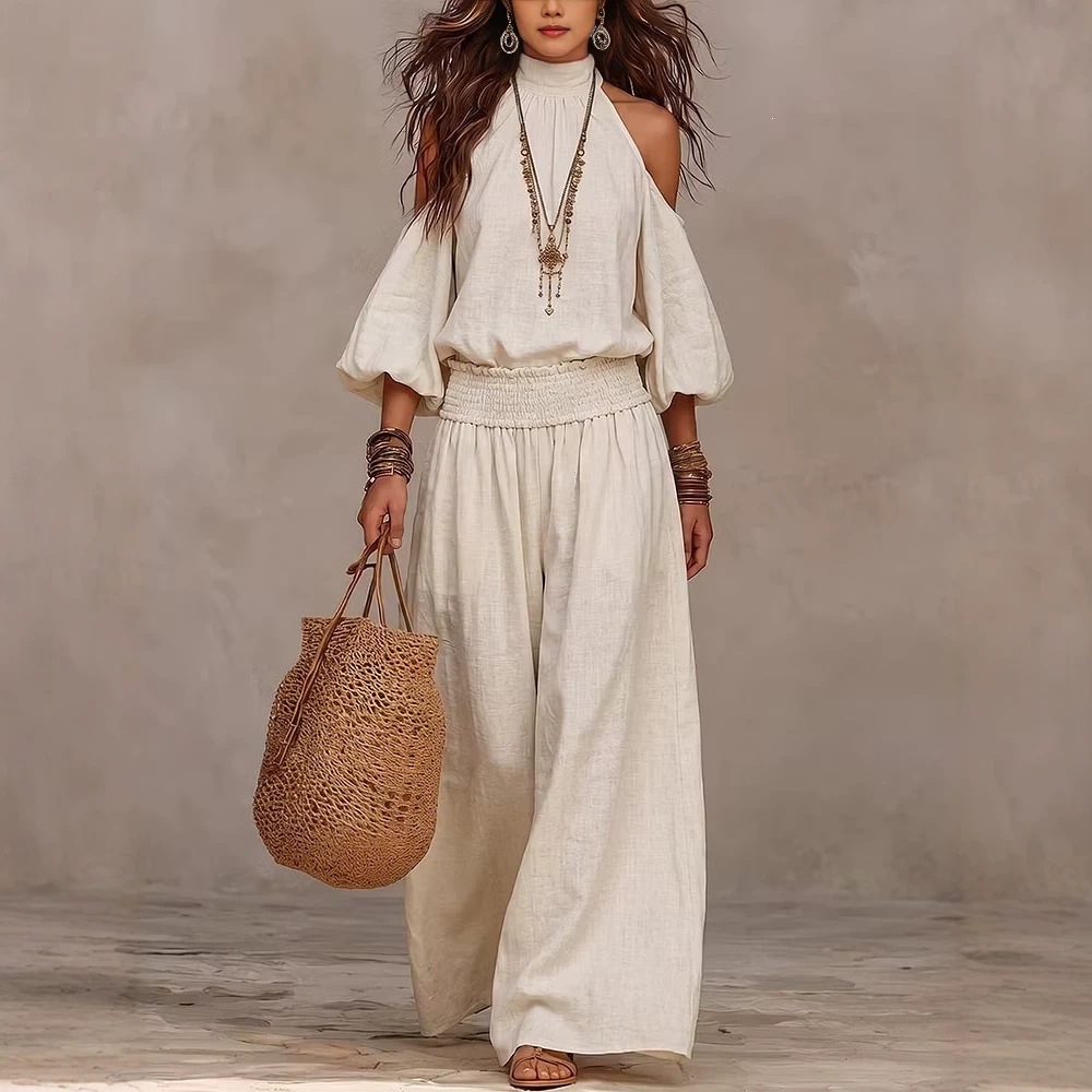 Women's Loose Long Sleeve Cutout Lantern Sleeve Two-Piece Set