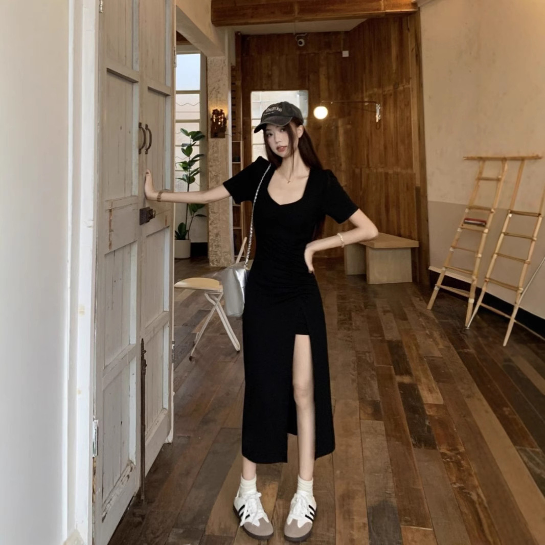 Women's Square Neck Short Sleeve Bodycon Midi Dress with Slit