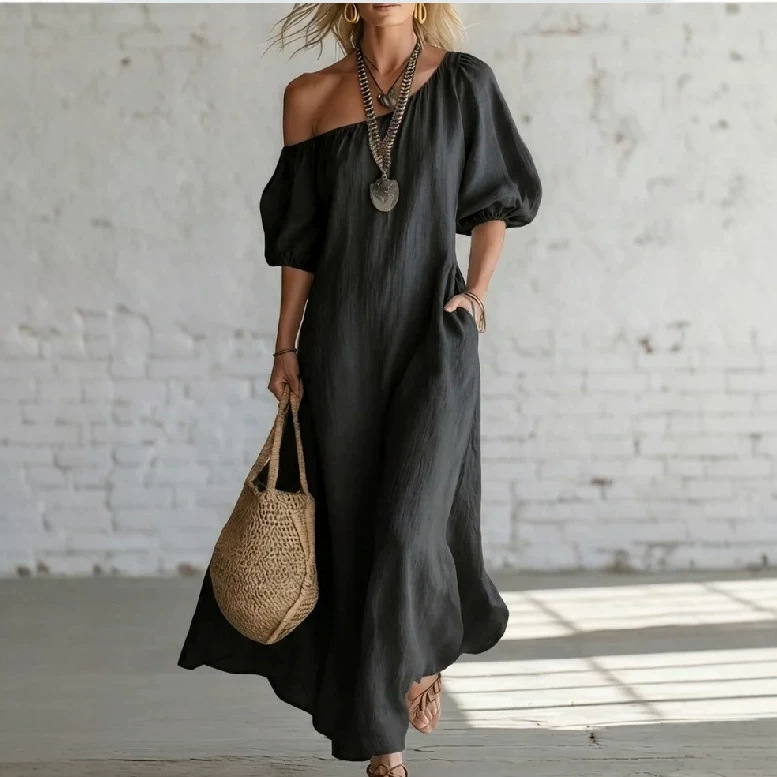 Off-Shoulder Cloud Cotton Puff Sleeve Loose Flowy Maxi Dress