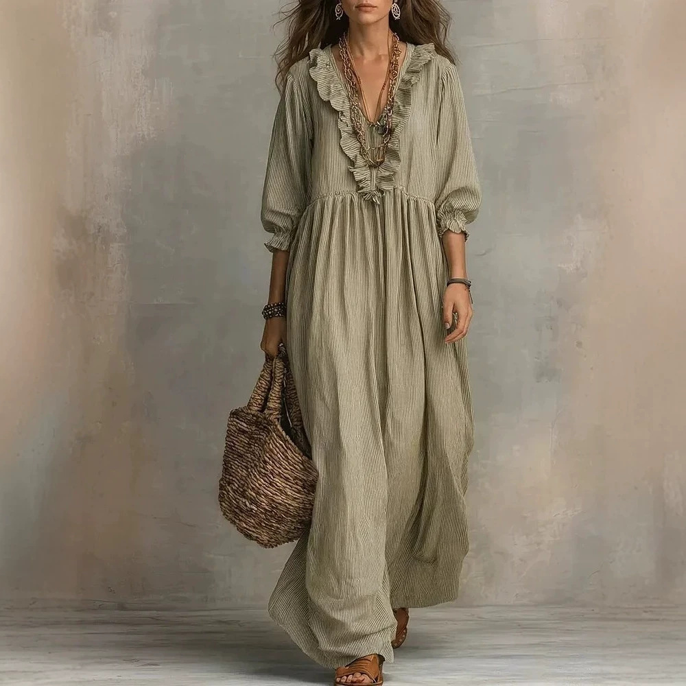 Striped Ruffle High-Waist V-Neck Loose Casual Dress
