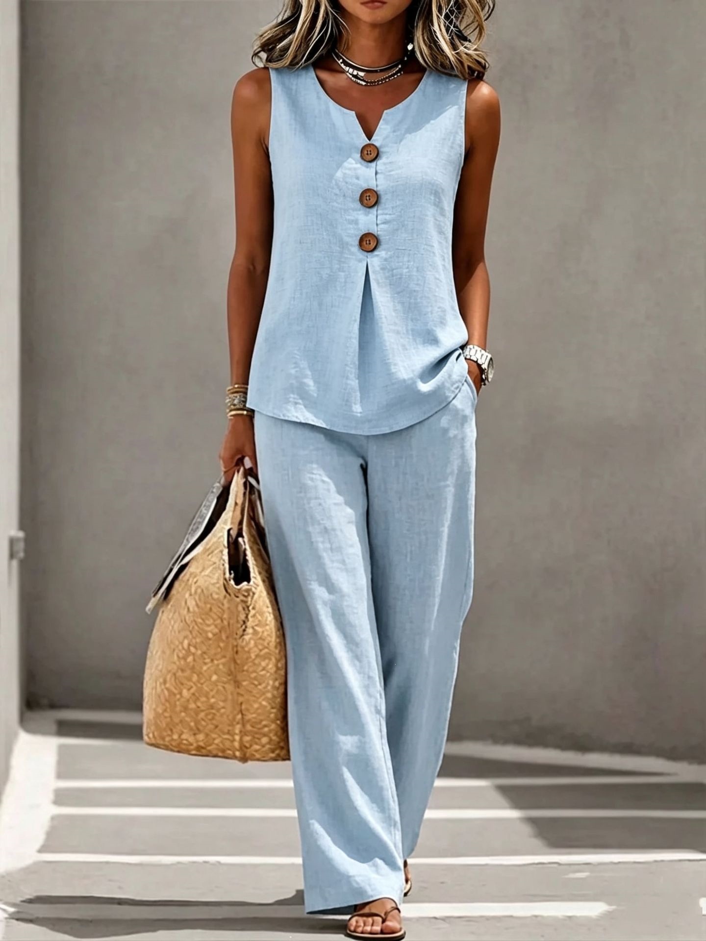 Women's V-Neck Button Sleeveless Tank Top and Pants Two-Piece Set